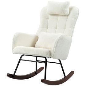 Nursery Rocking Chair with Headrest, Lumber Pillow, Nursing Chair with High Back for Living Room, Bedroom, Cream White