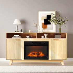 Oak Fireplace TV Stand with 23 Inch Insert, Double Grid Doors, Gold Handles & 2 Shelves, Media Console 58 x 13.6 x 32 Inch